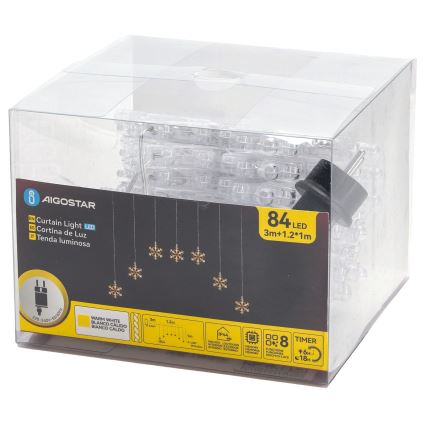 Aigostar - LED-Außen-Weihnachts-Lichterkette 84xLED/8 Funktionen 1,2x1m IP44 warmweiß Schneeflocken