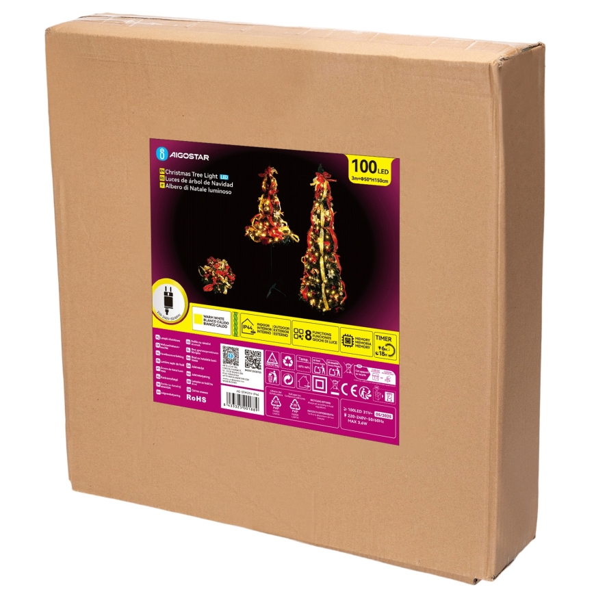 Aigostar - LED-Weihnachtsbaum für den Außenbereich, 100 LEDs, 1,5 m, IP44, rot/gold, warmweiß