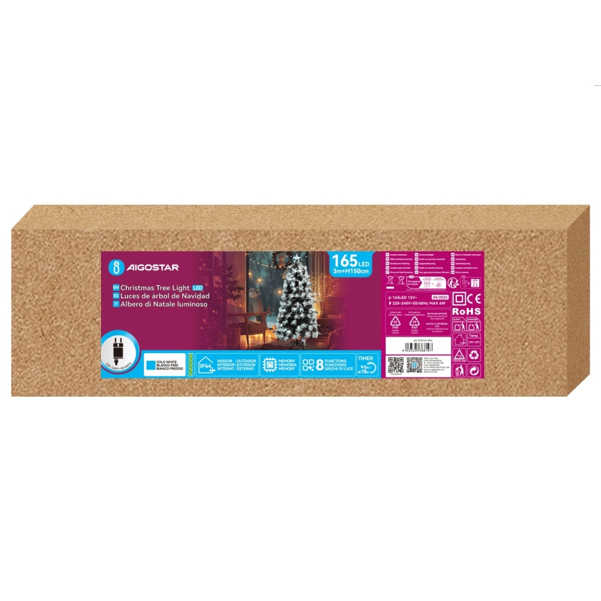 Aigostar - LED-Außen-Weihnachtsbaum 165 LEDs/8 Funktionen 1,5 m IP44 kaltweiß