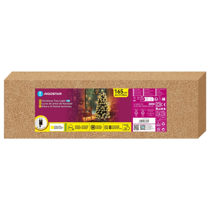 Aigostar - LED-Außen-Weihnachtsbaum, 165 LEDs, 8 Funktionen, 1,5 m, IP44, warmweiß