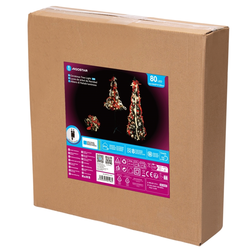 Aigostar - LED-Weihnachtsbaum für den Außenbereich, 80 LEDs, 1,2 m, IP44, Rot, Kaltweiß