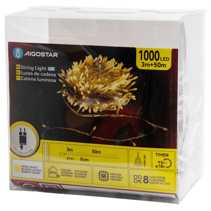 Aigostar - LED-Außen-Weihnachtslichterkette, 1000 LEDs / 8 Funktionen, 50 m, IP44, warmweiß