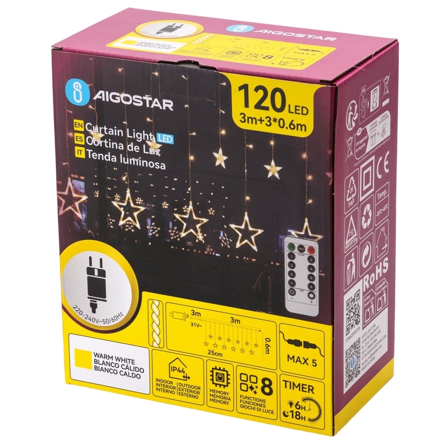 Aigostar - LED-Außen-Weihnachtslichterkette 120xLED/8 Funktionen 3x0,6 m IP44 warmweiß + Fernbedienung