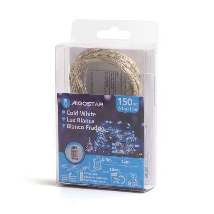 Aigostar - LED-Außen-Weihnachtslichterkette 150xLED/8 Funktionen/3xAA 15,3m IP44 kaltweiß