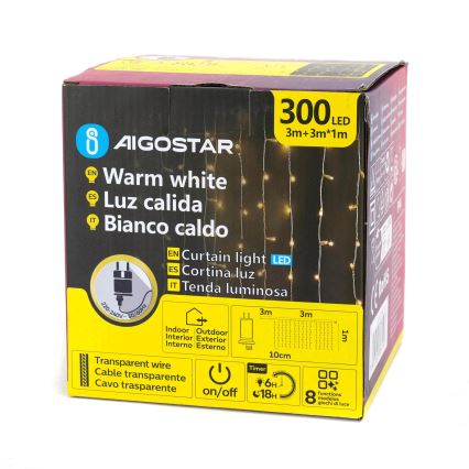 Aigostar - LED-Lichterkette für den Außenbereich 300xLED/8 Funktionen 3x1m IP44 warmweiß + Fernbedienung