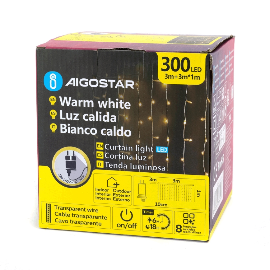 Aigostar - LED-Lichterkette für den Außenbereich 300xLED/8 Funktionen 3x1m IP44 warmweiß + Fernbedienung