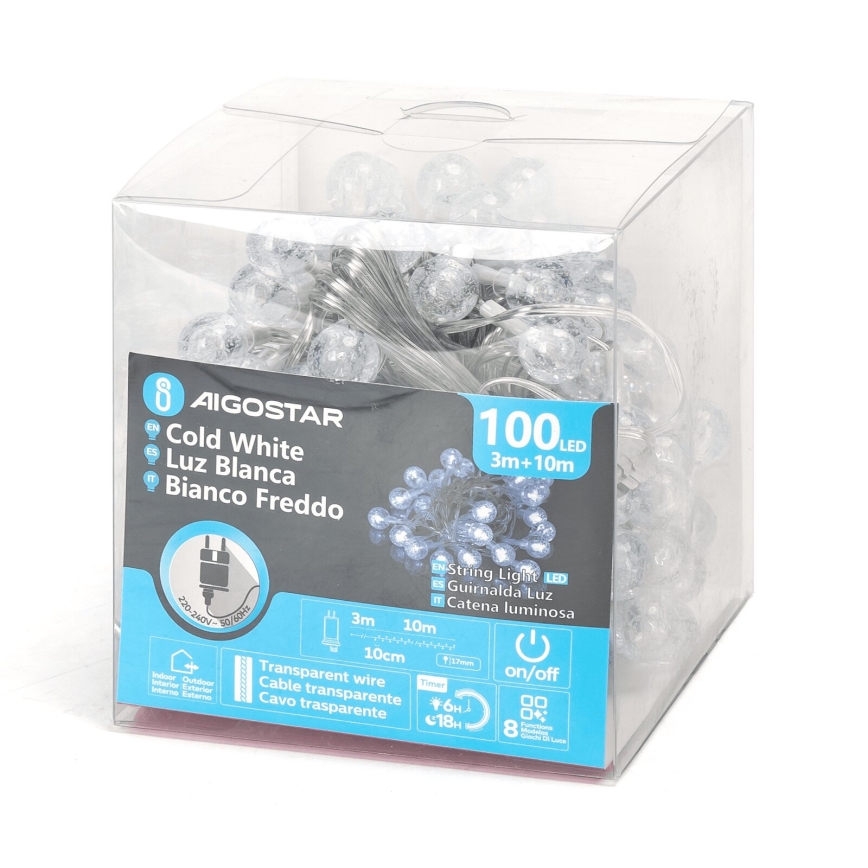 Aigostar - LED-Außen-Weihnachtslichterkette 100 LEDs / 8 Funktionen 13 m IP44 kaltweiß