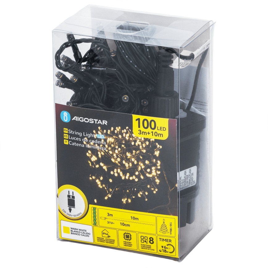 Aigostar - LED-Außen-Weihnachtslichterkette, 100 LEDs, 8 Funktionen, 13 m, IP44, warmweiß