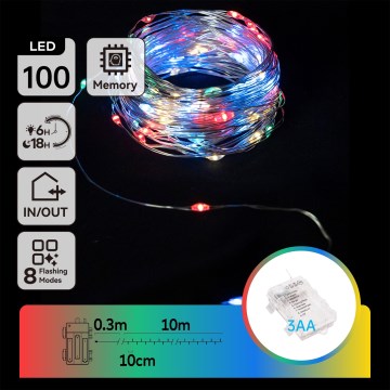 Aigostar - LED-Außen-Weihnachtslichterkette, 100 LEDs, 8 Funktionen, 3×AA, 10,3 m, IP44, mehrfarbig