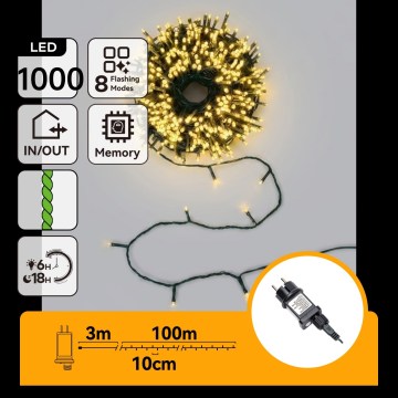 Aigostar - LED-Außen-Weihnachtslichterkette 1000xLED/8 Funktionen 103m IP44 Warmweiß