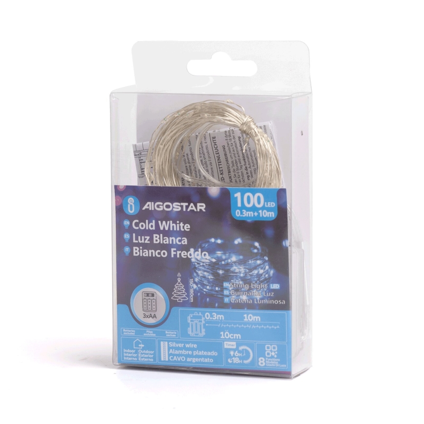 Aigostar - LED-Außen-Weihnachtslichterkette 100xLED/8 Funktionen/3xAA 10,3m IP44 kaltweiß
