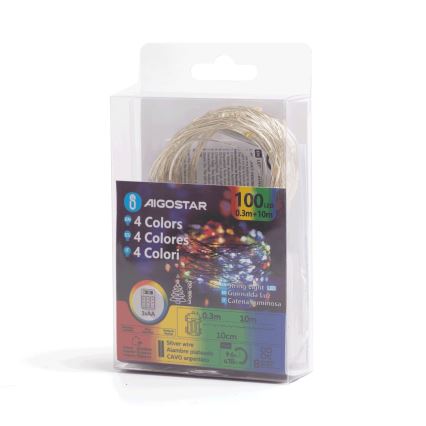 Aigostar - LED-Außen-Weihnachtslichterkette, 100 LEDs, 8 Funktionen, 3×AA, 10,3 m, IP44, mehrfarbig