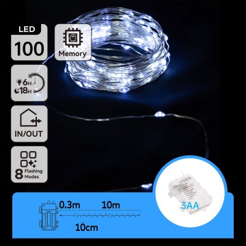 Aigostar - LED-Außen-Weihnachtslichterkette 100xLED/8 Funktionen/3xAA 10,3m IP44 kaltweiß
