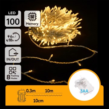Aigostar -LED Außen-Weihnachtslichterkette 100xLED/8 Funktionen 3xAA 10,3m IP44 warmweiß
