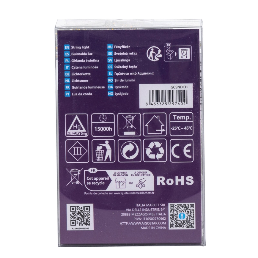 Aigostar -LED Außen-Weihnachtslichterkette 100xLED/8 Funktionen 3xAA 10,3m IP44 warmweiß