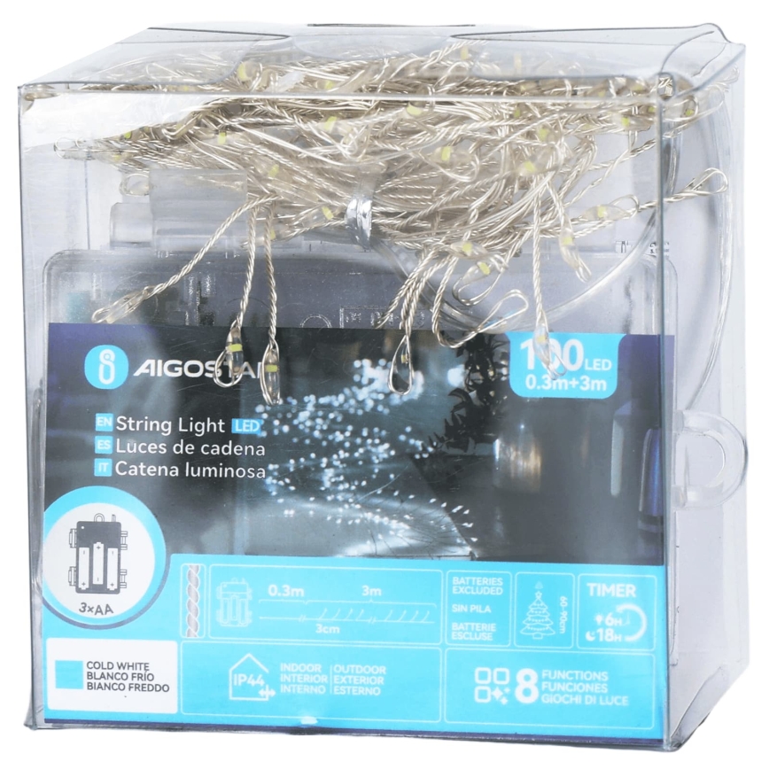 Aigostar - LED-Außen-Weihnachtslichterkette 100xLED/8 Funktionen 3xAA 3,3m IP44 kaltweiß