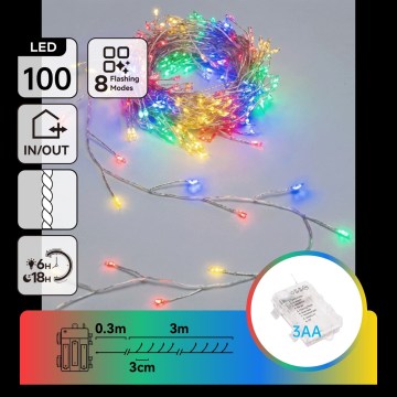 Aigostar - LED-Außen-Weihnachtslichterkette 100xLED/8 Funktionen 3xAA 3,3m IP44 mehrfarbig