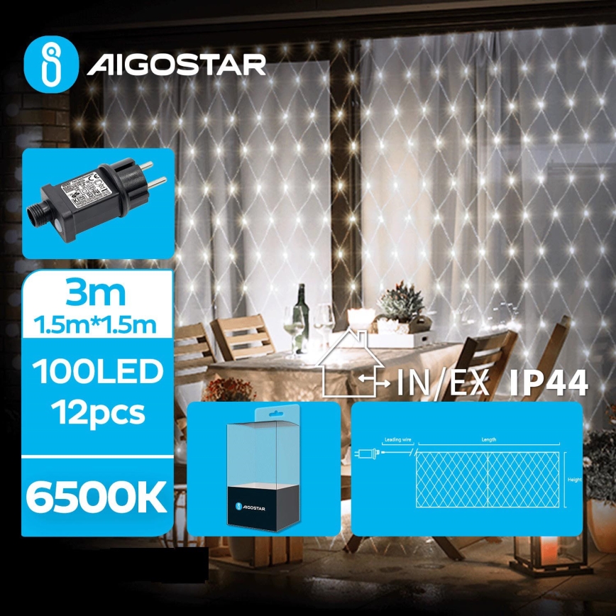 Aigostar- LED-Außen-Weihnachtslichterkette 100xLED/8 Funktionen 4,5x1,5m IP44 kaltweiß