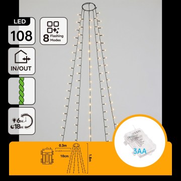 Aigostar - LED-Außen-Weihnachtslichterkette 108 LEDs/8 Funktionen 3xAA 1,8 m IP44 warmweiß