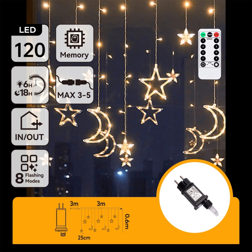 Aigostar - LED-Außen-Weihnachtslichterkette 120 LEDs/6W/230V/8 Funktionen 3x0,6m IP44 warmweiß + Fernbedienung