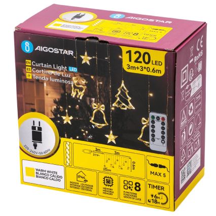 Aigostar - LED-Außen-Weihnachtslichterkette 120xLED/8 Funktionen 3x0,6m IP44 warmweiß + Fernbedienung