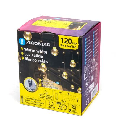 Aigostar - LED-Außen-Weihnachtslichterkette 120xLED/8 Funktionen 3x0,6m IP44 warmweiß + Fernbedienung