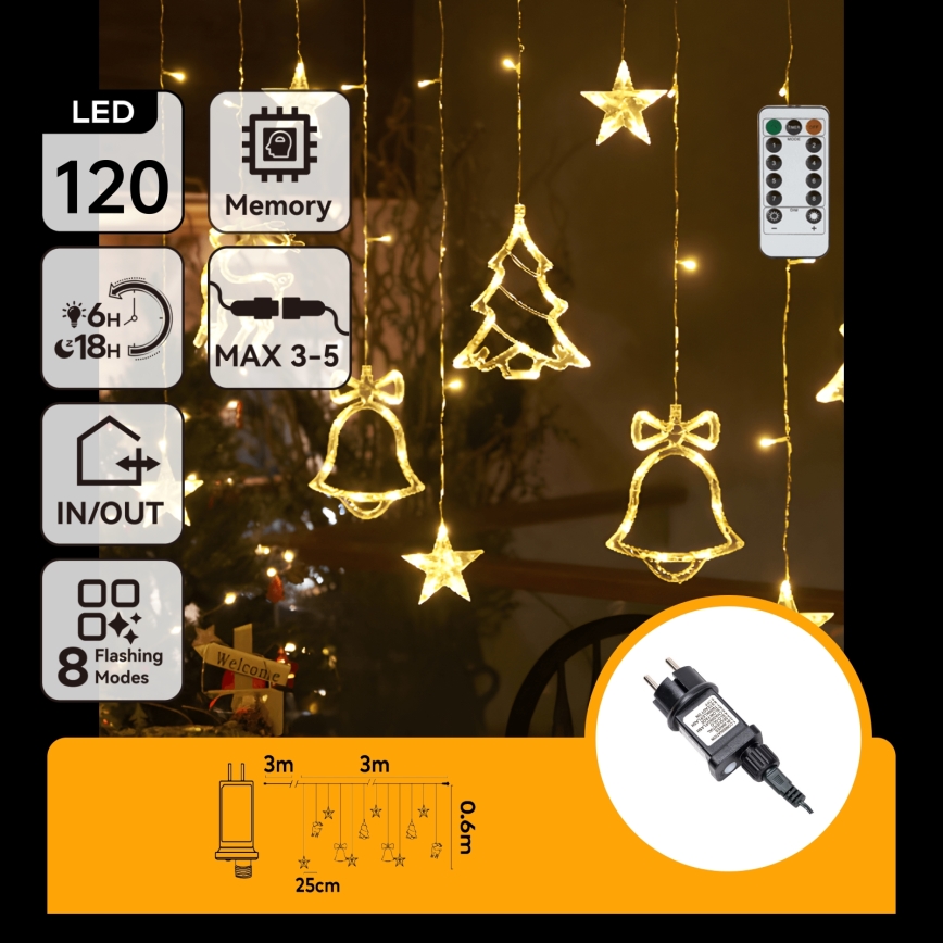 Aigostar - LED-Außen-Weihnachtslichterkette 120xLED/8 Funktionen 3x0,6m IP44 warmweiß + Fernbedienung