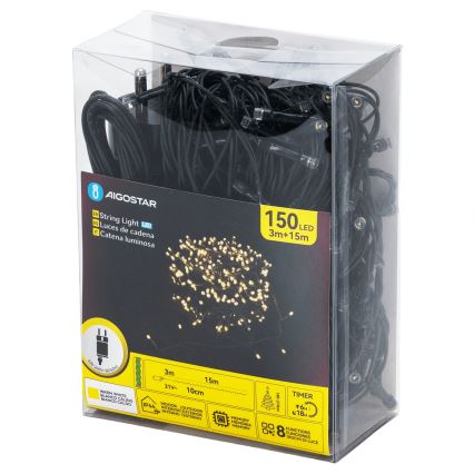 Aigostar - LED Außen-Weihnachtslichterkette 150 LED / 8 Funktionen 18 m IP44 warmweiß