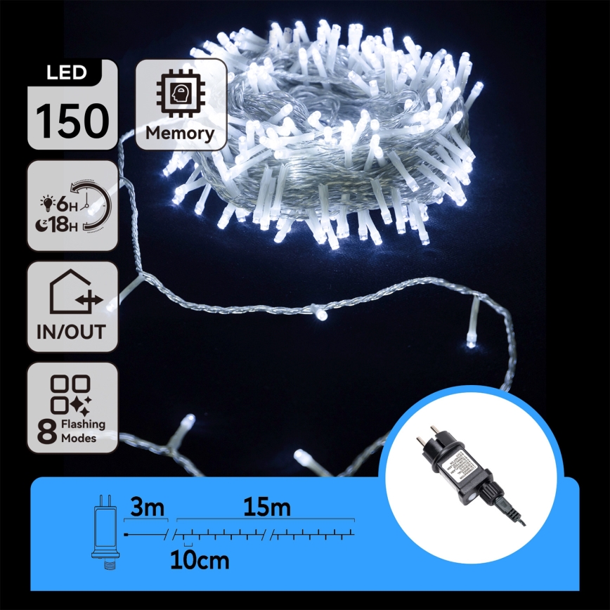 Aigostar - LED-Außen-Weihnachtslichterkette 150 LEDs / 8 Funktionen, 18 m, IP44, kaltweiß