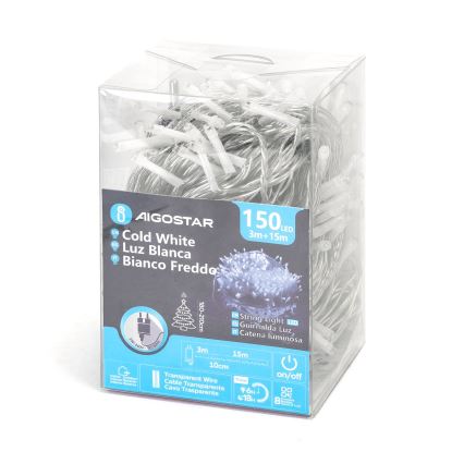 Aigostar - LED-Außen-Weihnachtslichterkette 150 LEDs / 8 Funktionen, 18 m, IP44, kaltweiß