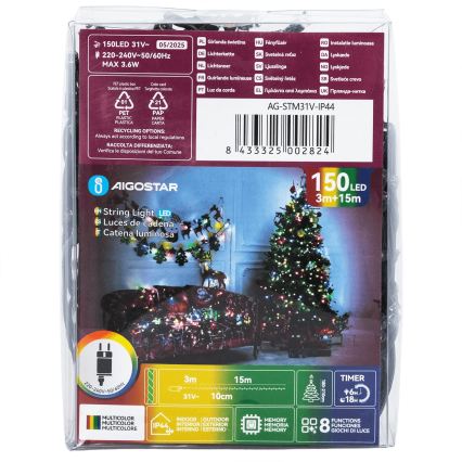 Aigostar - LED-Außen-Weihnachtslichterkette, 150 LEDs, 8 Funktionen, 18 m, IP44, mehrfarbig