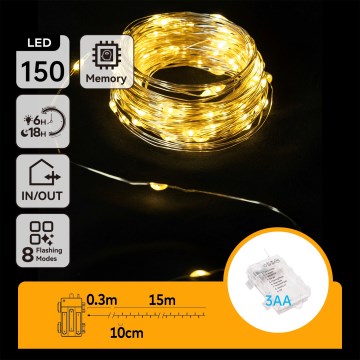 Aigostar -LED Außen-Weihnachtslichterkette 150 LEDs / 8 Funktionen 3xAA 15,3 m IP44 warmweiß