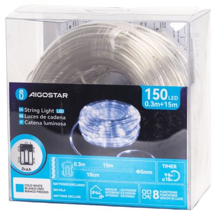 Aigostar - LED Außen-Weihnachtslichterkette 150xLED/8 Funktionen 3xAA 15,3m IP44 kaltweiß