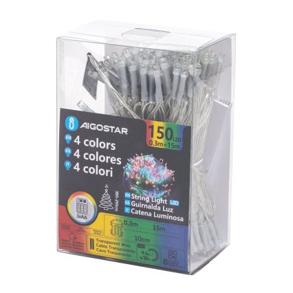 Aigostar -LED Außen-Weihnachtslichterkette 150xLED/8 Funktionen 3xAA 15,3m IP44 mehrfarbig