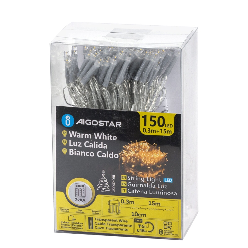 Aigostar -LED Außen-Weihnachtslichterkette 150xLED/8 Funktionen 3xAA 15,3m IP44 warmweiß