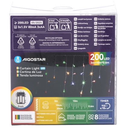 Aigostar - LED-Außen-Weihnachtslichterkette 200 LEDs/8 Funktionen 3xAA 13x0,6 m IP44 mehrfarbig