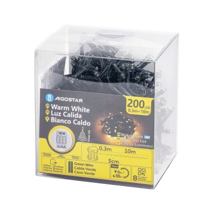 Aigostar - LED Außen-Weihnachtslichterkette 200xLED/8 Funktionen 3xAA 10,3m IP44 warmweiß