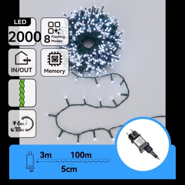 Aigostar - LED Außen-Weihnachtslichterkette 2000xLED/8 Funktionen 103m IP44 kaltweiß