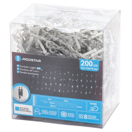 Aigostar - LED-Außen-Lichterkette 200xLED/3,6W/230V/8 Funktionen 10x0,4m IP44 kaltweiß