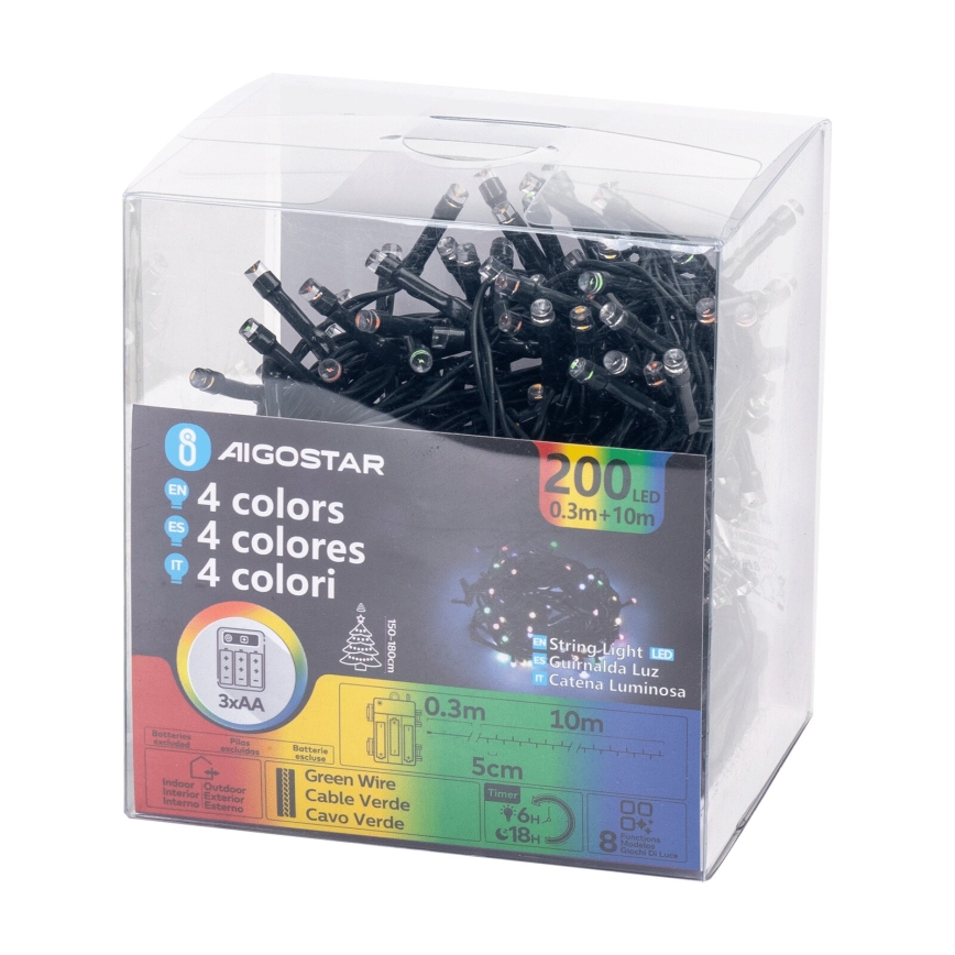 Aigostar -LED Außen-Weihnachtslichterkette 200xLED/8 Funktionen 3xAA 10,3m IP44 mehrfarbig