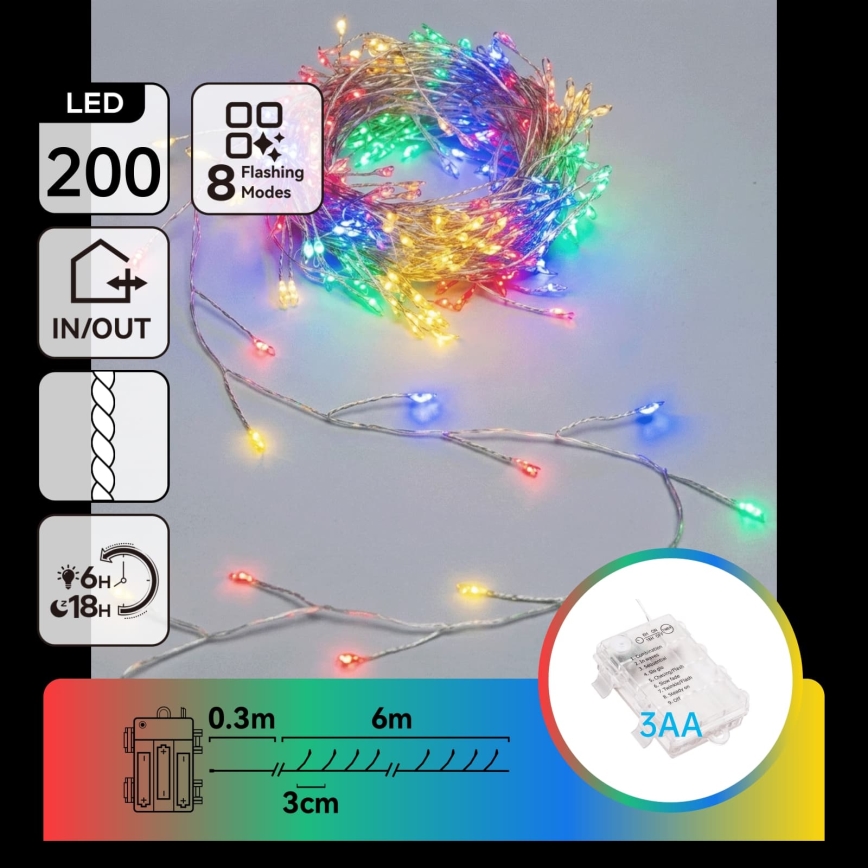 Aigostar - LED-Außen-Weihnachtslichterkette 200xLED/8 Funktionen 3xAA 6,3 m IP44 mehrfarbig