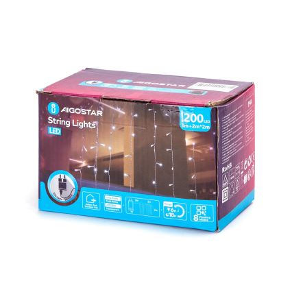 Aigostar - LED-Außen-Weihnachtslichterkette 200xLED/8 Funktionen 5x2m IP44 kaltweiß