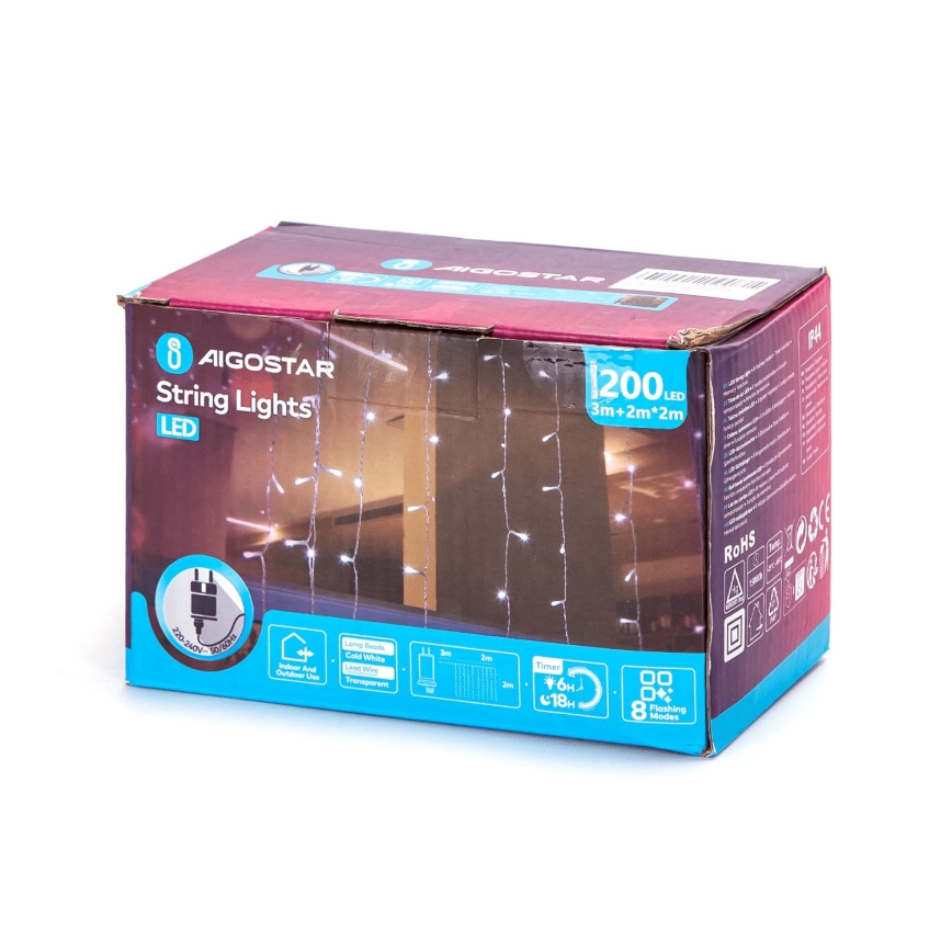 Aigostar - LED-Außen-Weihnachtslichterkette 200xLED/8 Funktionen 5x2m IP44 kaltweiß