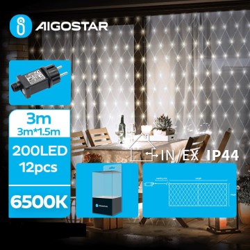 Aigostar - LED-Außen-Weihnachtslichterkette 200xLED/8 Funktionen 6x1,5m IP44 kaltweiß