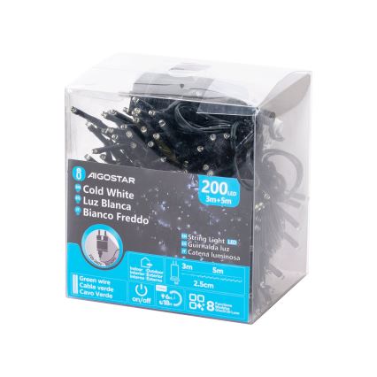 Aigostar - LED-Außen-Weihnachtslichterkette 200xLED/8 Funktionen 8m IP44 kaltweiß