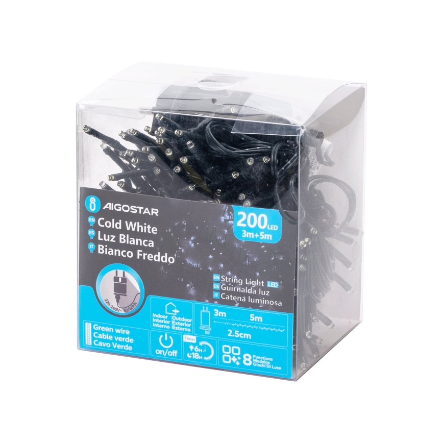 Aigostar - LED-Außen-Weihnachtslichterkette 200xLED/8 Funktionen 8m IP44 kaltweiß