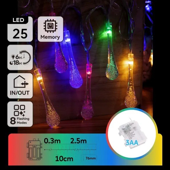 Aigostar - LED-Außen-Weihnachtslichterkette, 25 LEDs, 8 Funktionen, 3×AA-Batterien, 2,5 m, IP44, mehrfarbige Tropfen