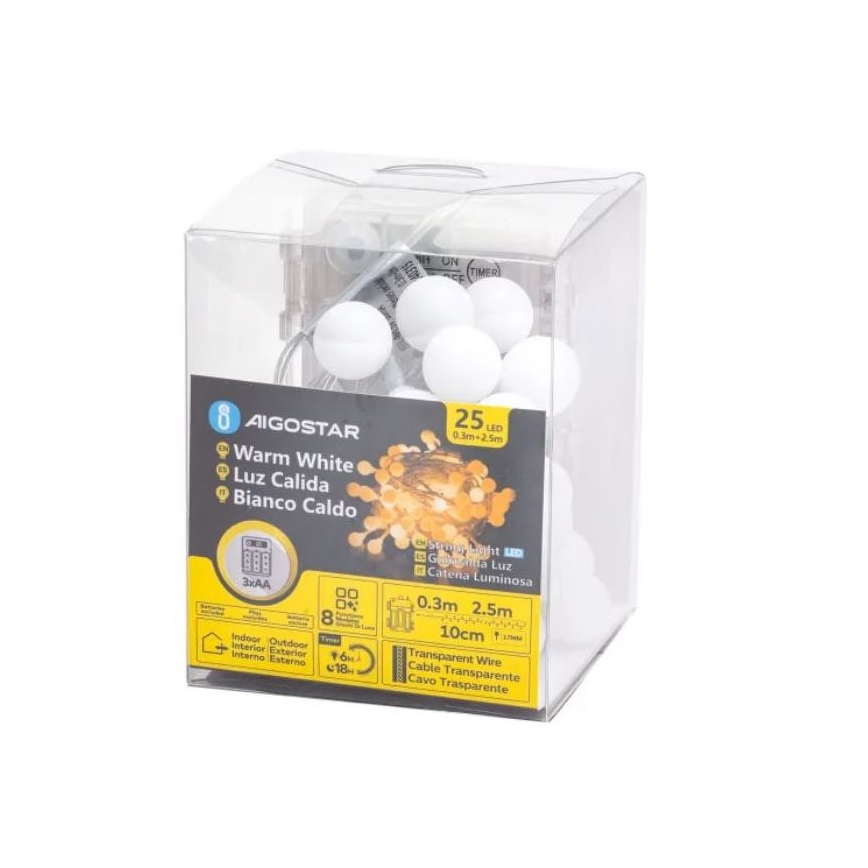 Aigostar-LED Außen-Weihnachtslichterkette 25xLED/3xAA/8 Funktionen 2,8 m IP44 warmweiß