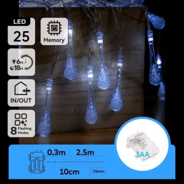 Aigostar - LED-Außen-Weihnachtslichterkette 25xLED/8 Funktionen 3xAA 2,5 m IP44 kaltweiß Tropfen