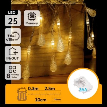 Aigostar - LED-Außen-Weihnachtslichterkette 25xLED/8 Funktionen 3xAA 2,5 m IP44 warmweiß tropfenförmig